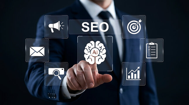 Business professional using AI powered SEO tools for digital marketing analytics growth and search optimization