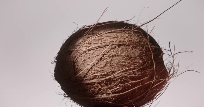 Closeup of a Hairy Brown Coconut Isolated on a White Background. Studio shot, local light, 60 fps.
