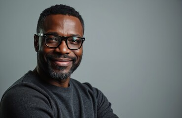 Fototapeta premium Smiling Black man with glasses wears dark sweater. He has a beard and short hair. Studio portrait with grey background. He looks confident and friendly. Professional headshot.
