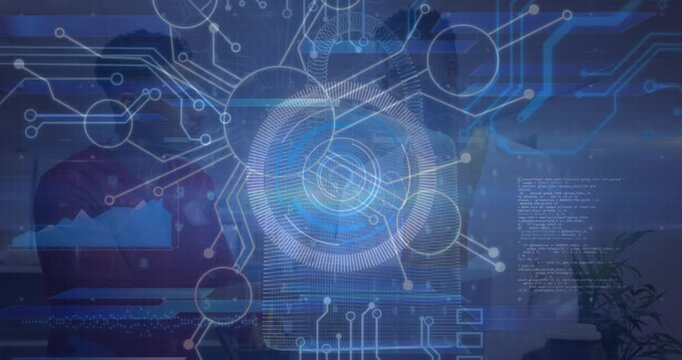 This video features a digital interface animating over two diverse business people