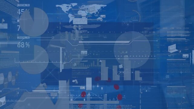 Animation of screens with statistical data processing against blue background