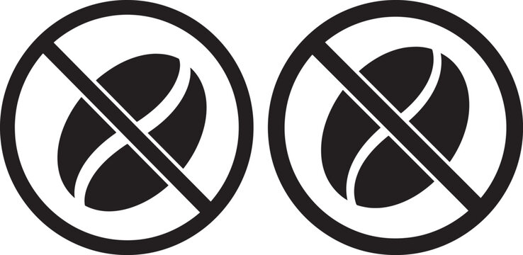 No coffee bean icon set, prohibition sign, black and white, representing caffeine-free or decaffeinated