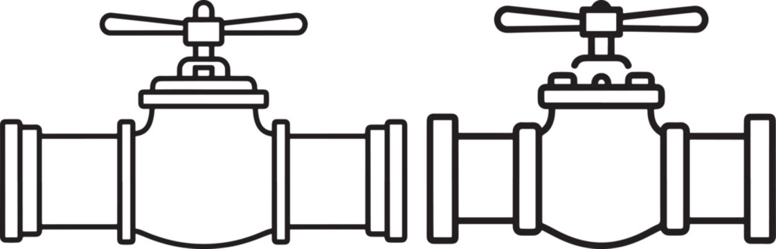 Two Water Valves, Industrial Plumbing Fixtures with Handles, Schematic Line Art for Plumbing and Water Systems, Water Valve