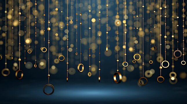 A dark blue background features numerous golden strings with various shapes of dangling baubles and orbs, creating a festive, elegant display