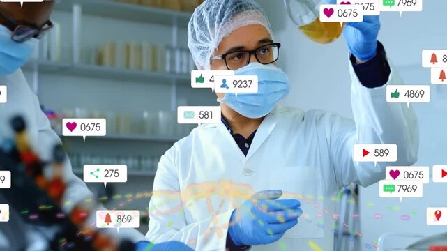 Upon lab analysis, scientists testing amber sample animated icons showing engagement swirling