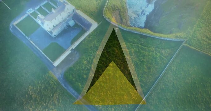 Animation overlaying geometric shapes on coastal landscape with green fields