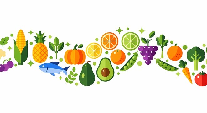 Fresh fruits and vegetables seamless pattern flat lay healthy eating nutrition diet food background