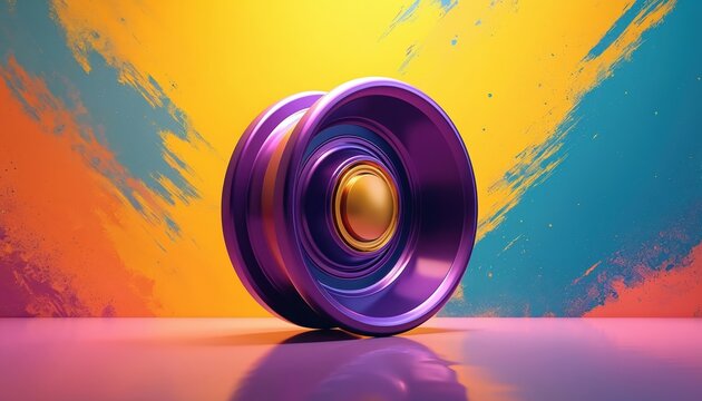 Purple metal yoyo rests on reflective surface. Bright, abstract paint strokes form yellow, blue, and orange background. Dynamic, playful retro toy.