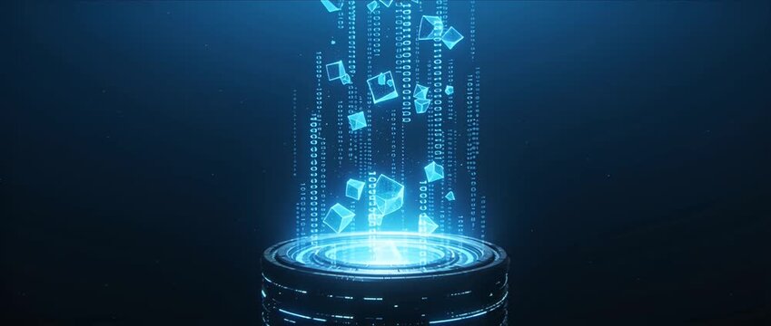 Future technology digital data hologram abstract background blue light cyberspace big data virtual reality neon glow cube shape futuristic hologram device projecting glowing cube and binary