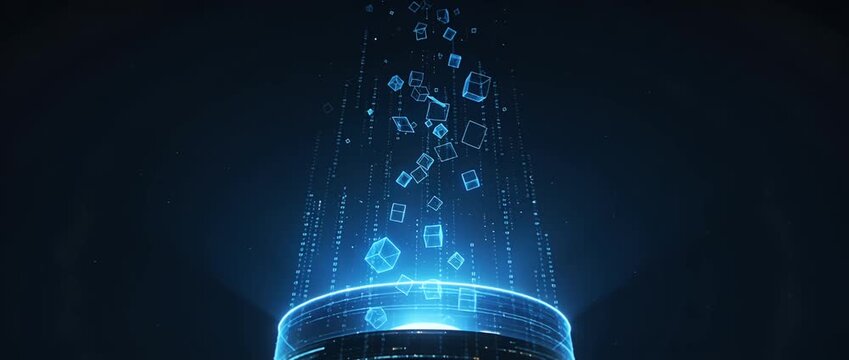 Futuristic data stream digital cube flow abstract technology background with blue neon glow hologram visualization, cyber virtual network connection big data concept and floating 3d elements