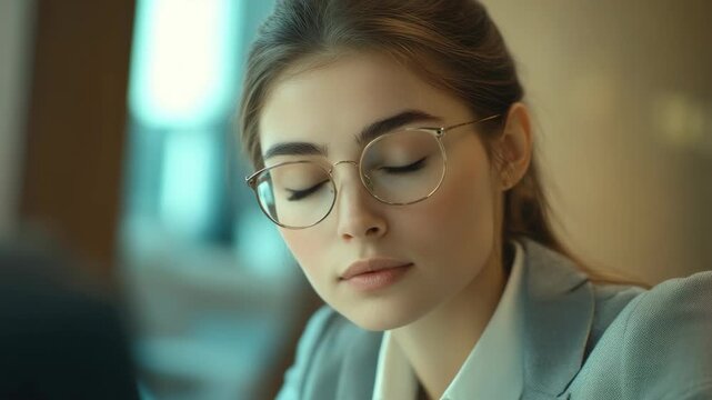 Businesswoman with closed eyes, exasperated expression, working in an office setting.