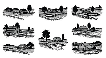 Vintage style illustration of rural farm scenes with barns and fields © Saidul_Studio1984