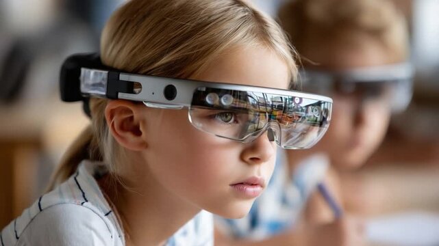 Future Vision: A young child wearing augmented reality glasses, peering intently into a world of endless possibilities, with another child in the blurred background.