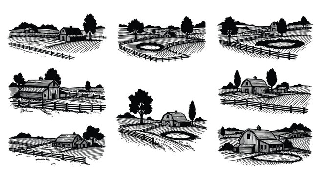 Vintage style illustration of rural farm scenes with barns and fields