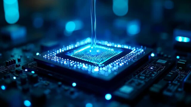 Glowing quantum computer core with liquid cooling system, bokeh dark high-tech lab background