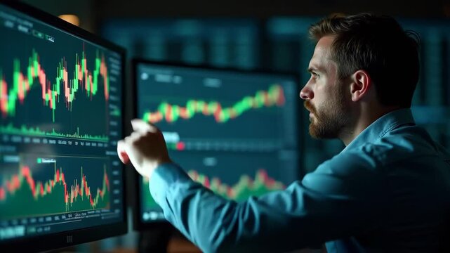 Financial trader monitoring multiple screens with live stock charts, bokeh glowing dark trading floor background