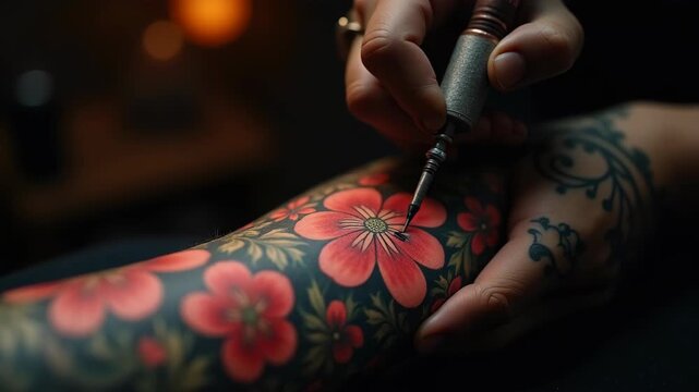 Hands of tattooist working on detailed floral arm tattoo,  bokeh warm dark studio background