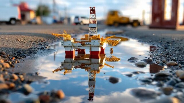 Reflecting on Industrial Might: A miniature oil rig stands proudly, mirrored in the still waters of a puddle, set against a backdrop of industrial machinery. 