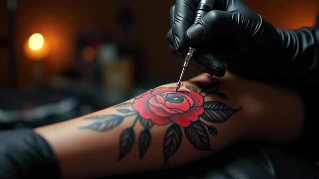 Hands of tattooist working on detailed floral arm tattoo,  bokeh warm dark studio background