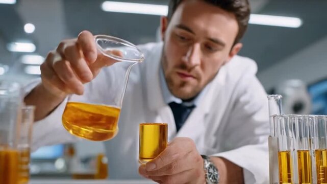 Scientific Precision: A focused scientist meticulously examines a liquid solution in a laboratory setting, symbolizing scientific exploration. 