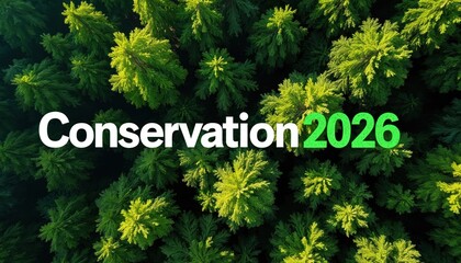 Obraz premium Aerial view of dense green forest canopy. Text overlay reads Conservation 2026. Sunlight illuminates tops of trees, highlighting natural growth and ecosystem vitality.