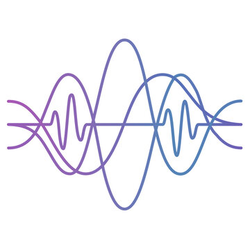 Brain Waves and Sound Frequency Visualization Line Icon. Minimalist vector icon showing overlapping sine and complex waveform lines with a purple-to-blue gradient. 