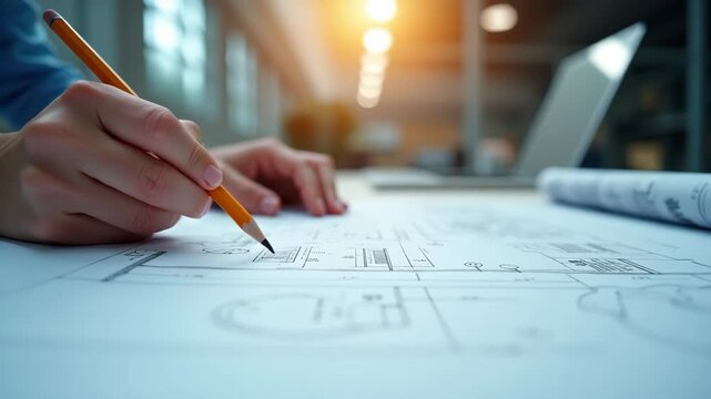 Architect hands drawing blueprint with pencil on large drafting table, bokeh bright modern office background