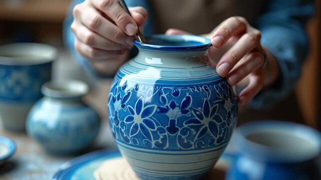 Hands of potter painting intricate blue pattern on ceramic vase, bokeh bright artisan studio background