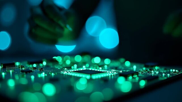 Hands assembling glowing electronic circuit board in dark tech lab, bokeh blue particle background