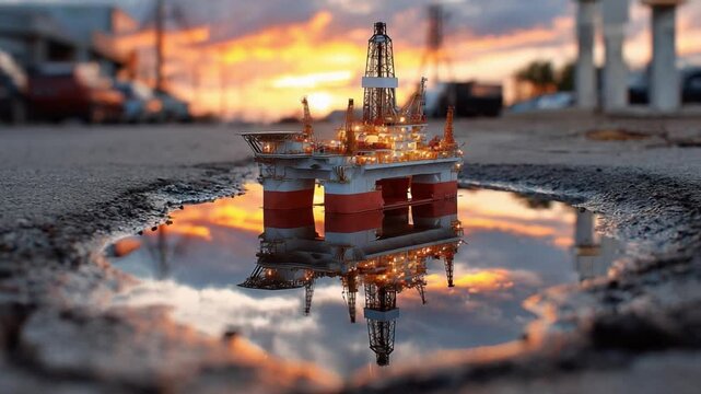 Oil Rig Reflection: An oil rig miniature, reflected in a puddle, against the backdrop of a vibrant sunrise. Evoking a sense of industry and the beauty of the natural world.