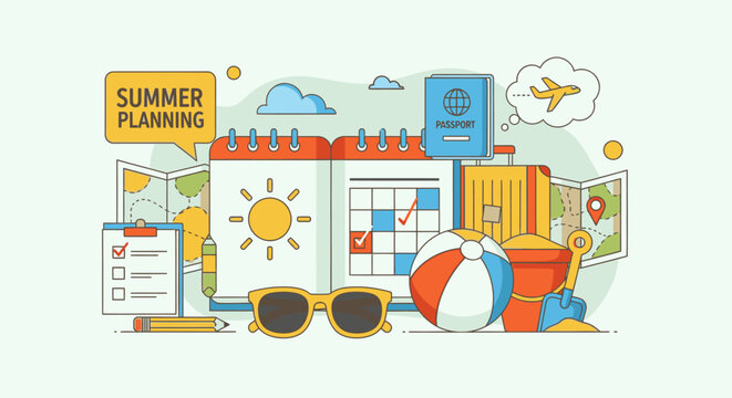 People plan summer vacation with travel accessories and calendar