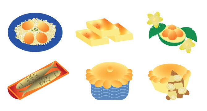 Set of traditional food from Goias Brazil: Mane Pelado, Peixe na Telha, Empadao and Pequi rice