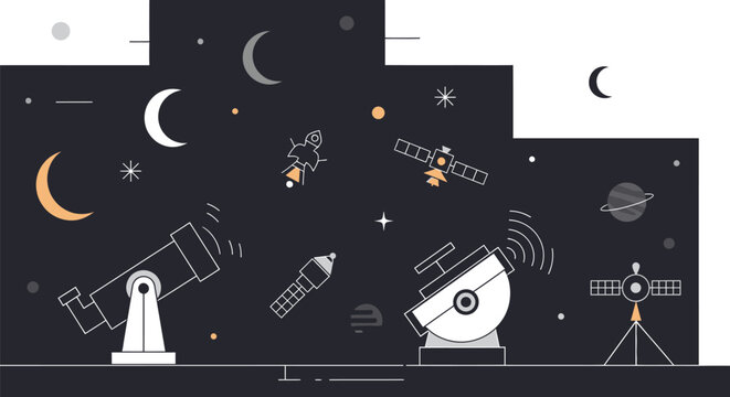 Astronomers observe celestial objects at night using various telescopes and satellites in space.