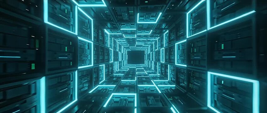 Futuristic tunnel neon light data center server room technology background cyber corridor digital grid sci fi corridor glowing cube blue glow abstract tunnel virtual reality computer network