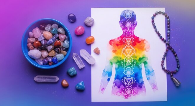 Crystal healing chakra chart with colorful stones and meditation beads