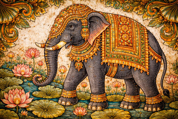 Fototapeta premium Authentic Traditional Kerala Mural Painting of a Temple Elephant and Lotus Pond on Textured Lime Plaster