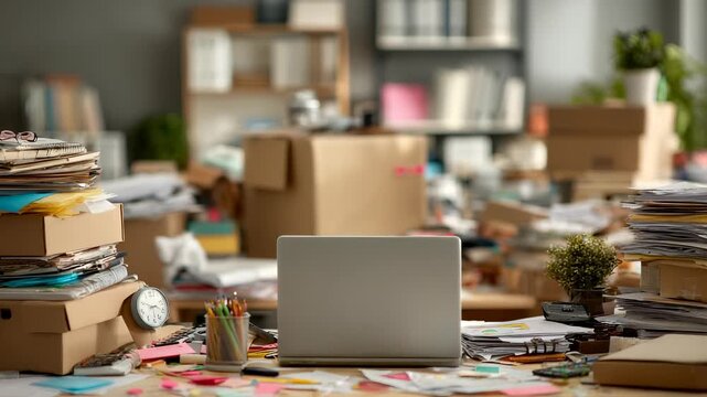 Overloaded Workspace: Creative Professional's Desk with Scattered Documents, Supplies, and Open Laptop.