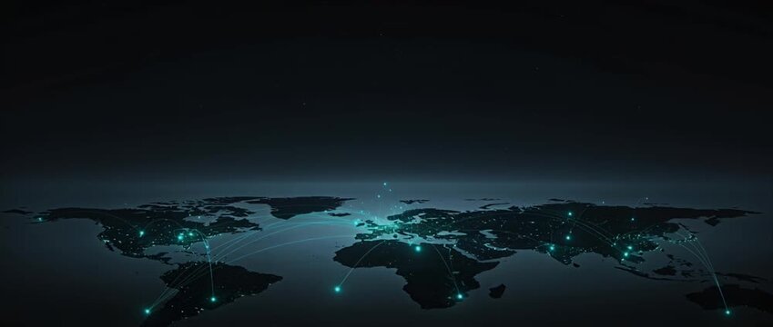 Global network connection technology digital world map data communication cyber space internet background futuristic glowing connection line innovation dark abstract digital global network connection