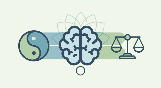 A brain with a yin yang symbol and scales represents balance and harmony in thought and decision making.