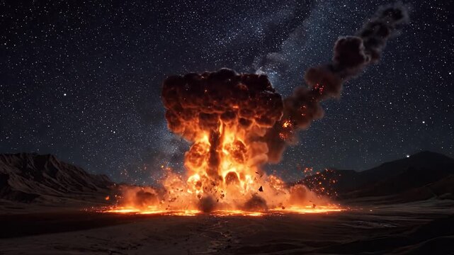 Apocalyptic Meteor Impact and Massive Mushroom Cloud Explosion in Desert Night
