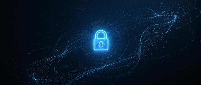 Cyber security data protection digital lock network safety encryption technology blue glow abstract background cyber safety secure firewall internet access password online binary privacy futuristic