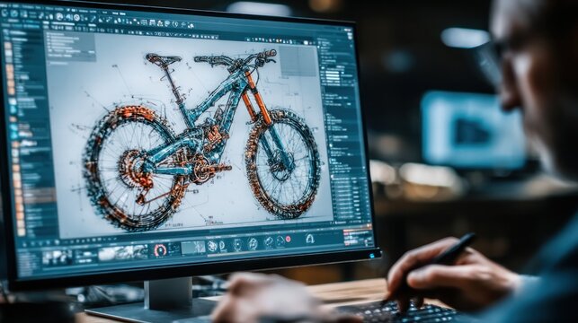 Engineer designs advanced bicycle on computer using sophisticated CAD software in modern workshop