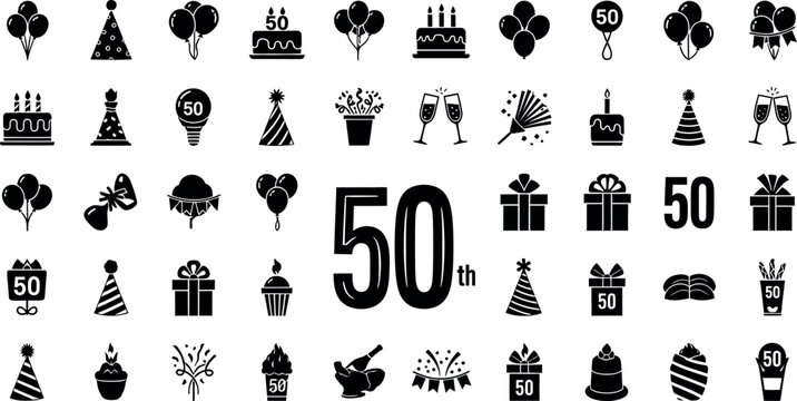 Black and white clip art images of birthday icons and symbols for 50th birthday celebrations and decorations