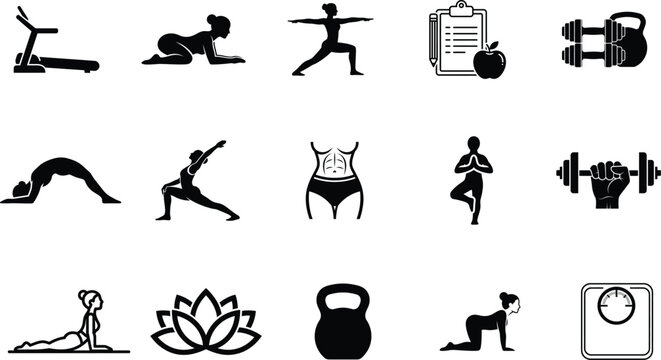 Black silhouettes of people doing yoga and exercising with fitness equipment icons