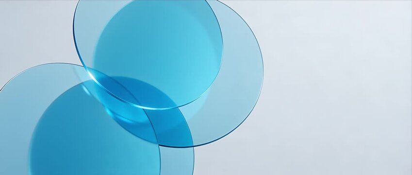 Abstract blue circle glass texture minimal background modern design geometric shape overlapping circle smooth surface bright light copy space transparent overlap soft gradient futuristic pattern