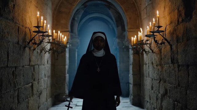 Pensive Nun Holding Crucifix in Dimly Lit Stone Monastery Corridor, Symbolism and Faith Portrait