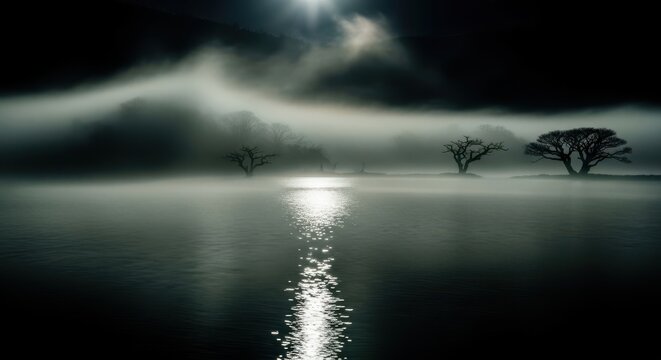 A serene lake under a moonlit night sky with fog rolling in
