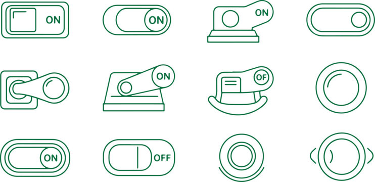 Collection of various types of electrical and mechanical switches in on and off positions