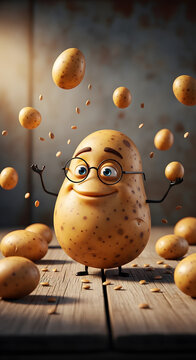A cheerful cartoon potato with glasses surrounded by floating potatoes