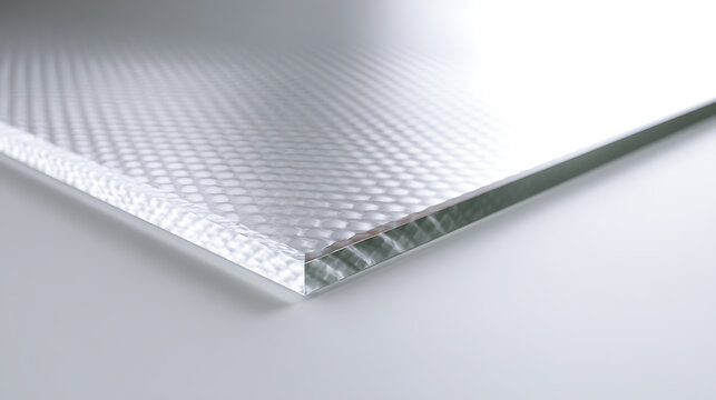 Close up view of translucent light gray honeycomb panel with textured surface and clear edge, showcasing material engineering and design